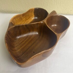 vintage monkey pod‎ wooden Leaf Shaped Bowl Made In Hawaii 3 Compartments